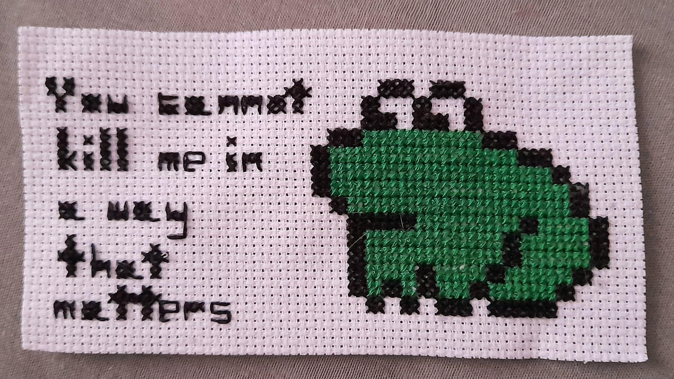 cross-stitch of a frog with text next to it saying 'you cannot kill me in a way that matters'