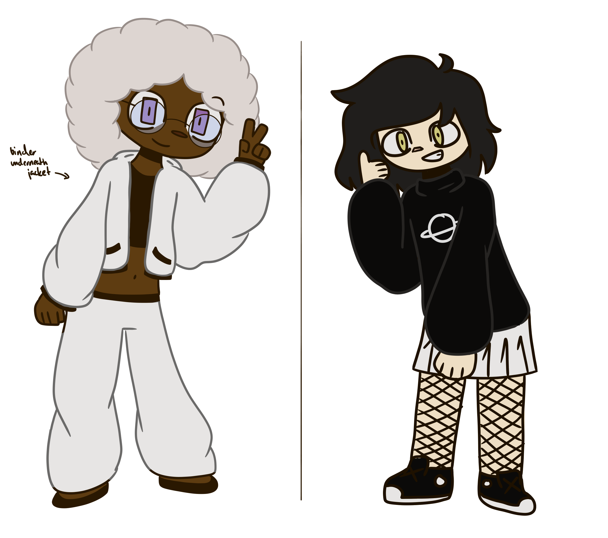 on the left is a black girl, natalie, with a white afro, purple eyes, and round glasses. her outfit consists of a black chest binder overlaid with a white jacket, white baggy pants, and black shoes. she's looking at the viewer smiling and throwing up a peace sign. on the right is a white girl, nat, with black hair and yellow eyes. her outfit is a turtleneck sweater with a saturn icon on it, a white skirt, fishnet tights and black shoes. she's also looking at the viewer, grinning and showing a thumbs up