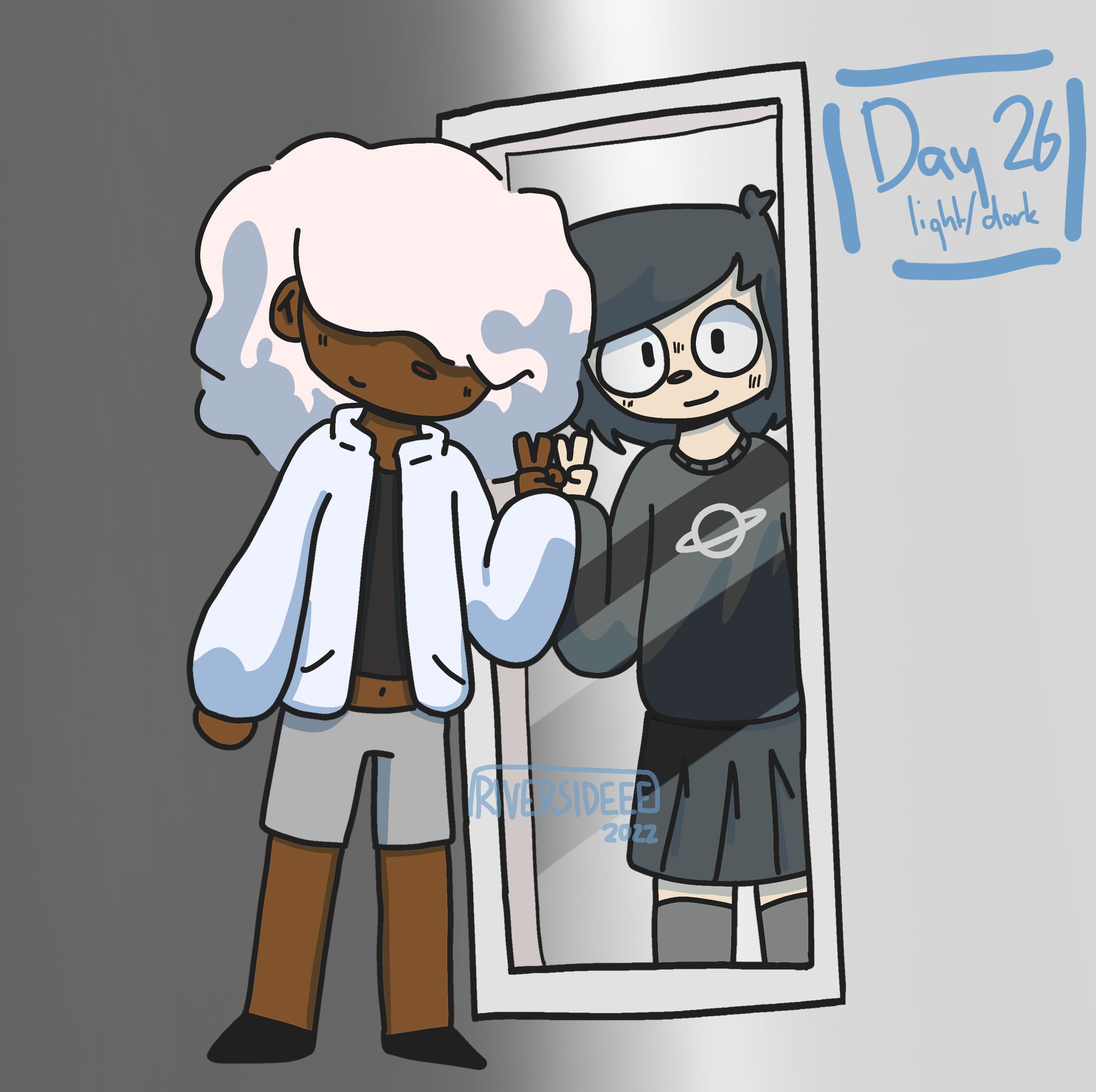 natalie is standing in front of a tall mirror, this time her eyes covered with her hair and long white pants replaced with short gray ones. in the mirror, where natalie's reflection should be, is nat, this time with a black skirt and gray knee-high socks. both of them are throwing up peace signs