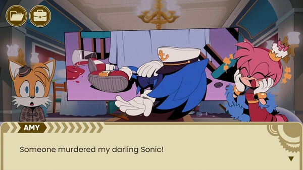 screenshot from the game. in the middle of the screen is an image showing sonic lying down on the ground by a table, his back turned to the viewer. on the sides are the sprites of a shocked tails and a gleeful amy. the dialogue box at the bottom of the screen says 'AMY: someone murdered my darling sonic!'